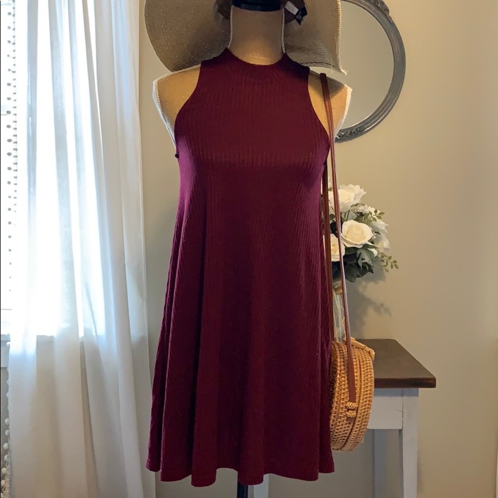 Hollister Ribbed Sleeveless Swing Dress in Burgundy